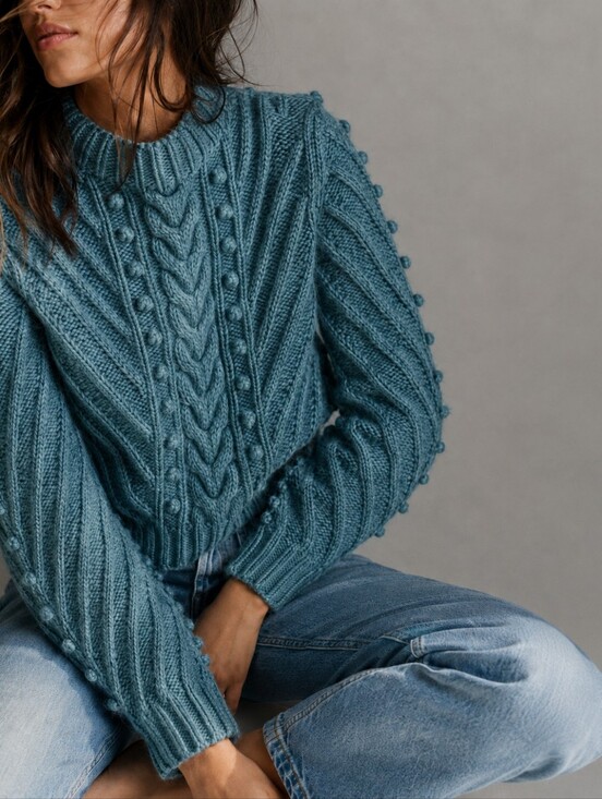 Sweaters - Hand Knit Blue Chunky Wool Sweater Cable Bobble Crop Mock Neck Womens Small